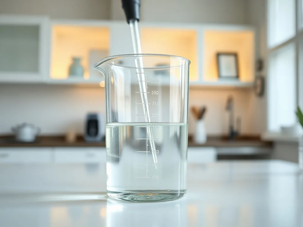 Szklana miarka z płynem na laboratoryjnym stole, ilustrująca precyzyjne odmierzanie objętości w mililitrach.